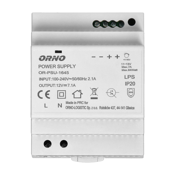 DIN rail power adaptor 12V DC 7A, 84W, width: 4 units DIN rail power adaptor 12V DC 7A, 84W, width: 4 units