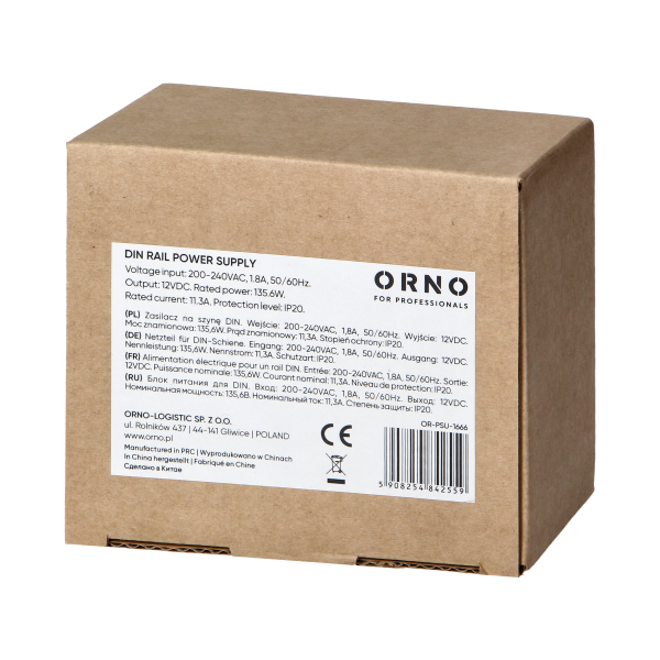 Zasilacz na szyne DIN, 12VDC, 11,3A, 135,6W, 6 modułów