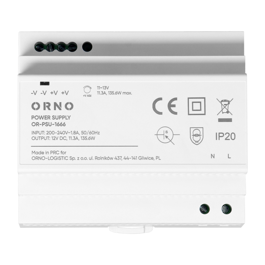 DIN rail power supply 12VDC, 11.3 A, 135.6W, 6 modules