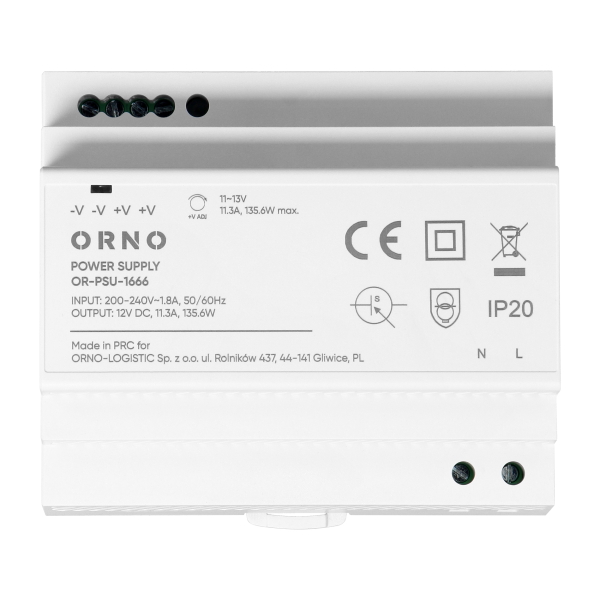 Zasilacz na szyne DIN, 12VDC, 11,3A, 135,6W, 6 modułów