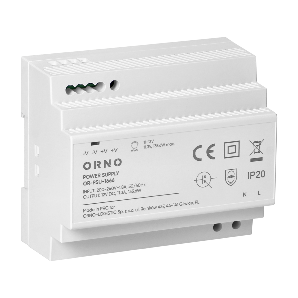 Zasilacz na szyne DIN, 12VDC, 11,3A, 135,6W, 6 modułów