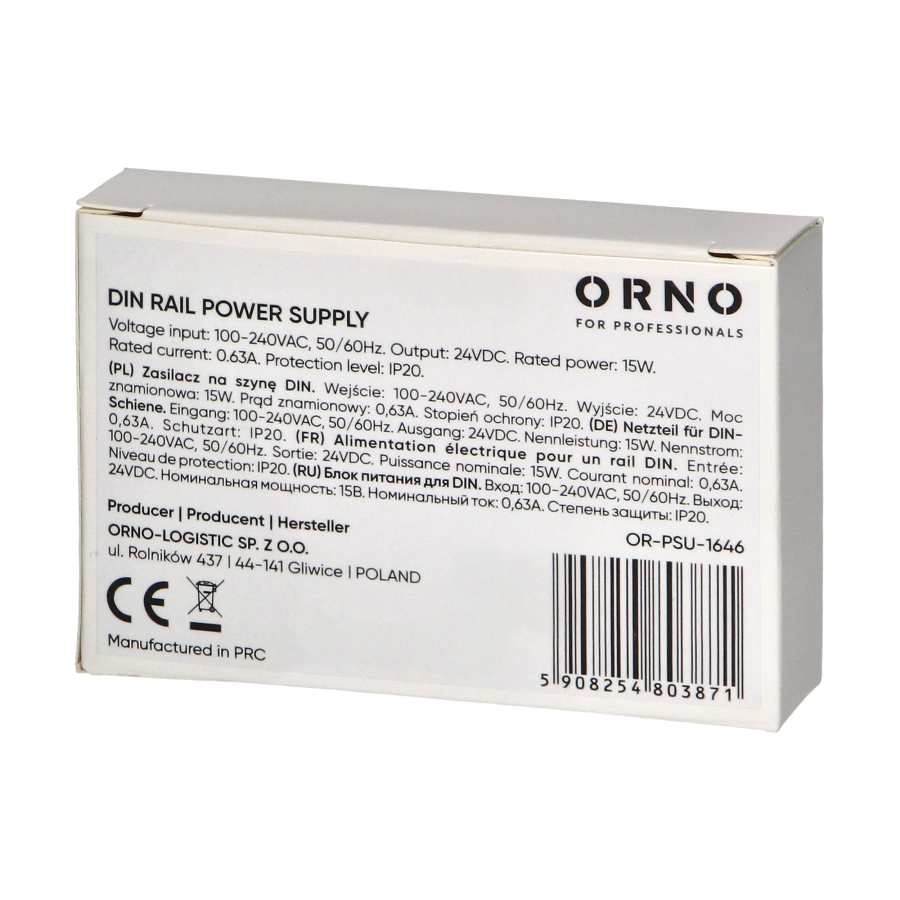 DIN rail power adaptor 24VDC, 0.63A, 15W, width: 1 unit