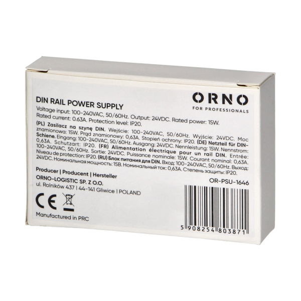 DIN rail power adaptor 24VDC, 0.63A, 15W, width: 1 unit