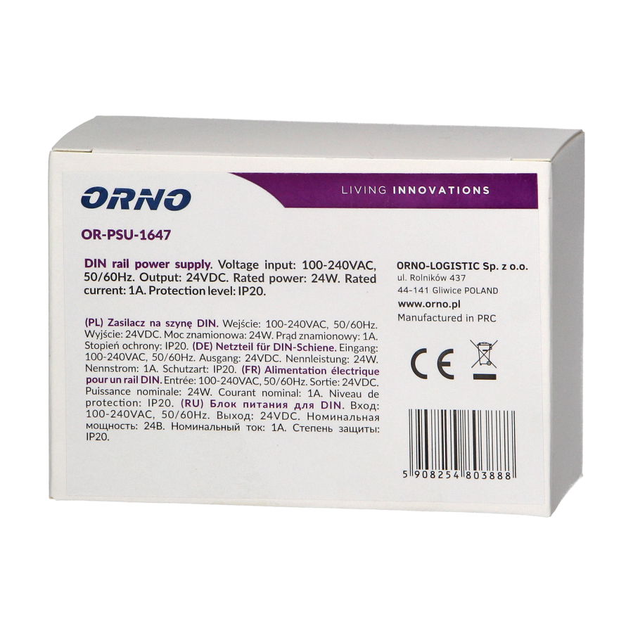 DIN rail power adaptor 24VDC, 1A, 24W, width: 2 units