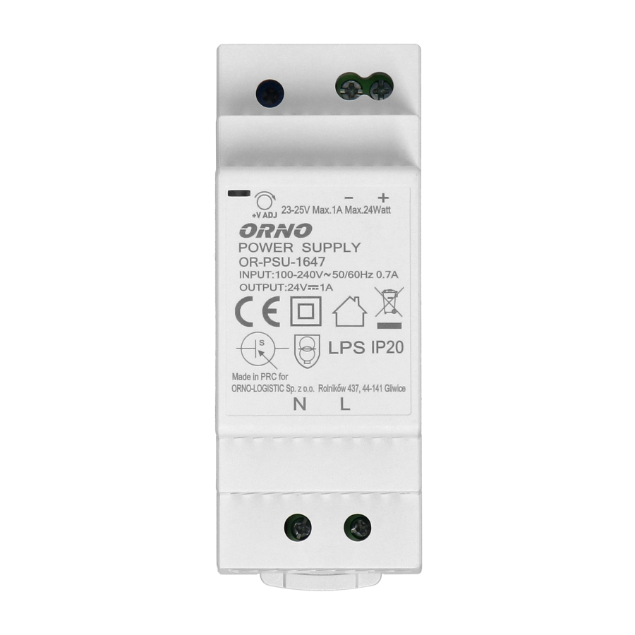 DIN rail power adaptor 24VDC, 1A, 24W, width: 2 units