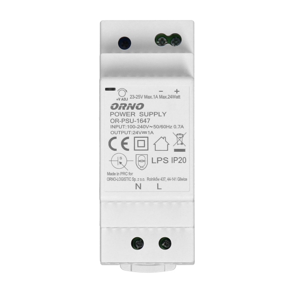 DIN rail power adaptor 24VDC, 1A, 24W, width: 2 units DIN rail power adaptor 24VDC, 1A, 24W, width: 2 units