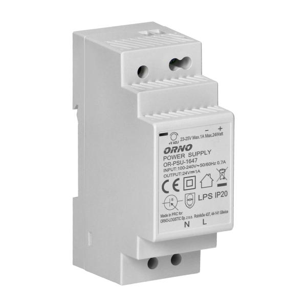 DIN rail power adaptor 24VDC, 1A, 24W, width: 2 units DIN rail power adaptor 24VDC, 1A, 24W, width: 2 units
