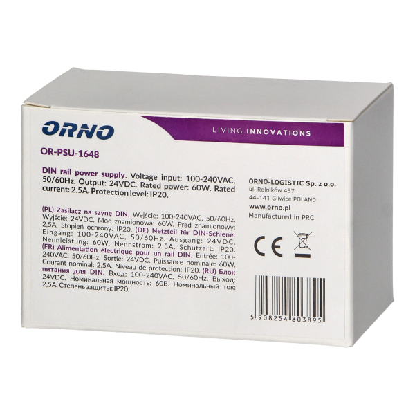 DIN rail power adaptor 24VDC, 2.5A, 60W, width: 3 units