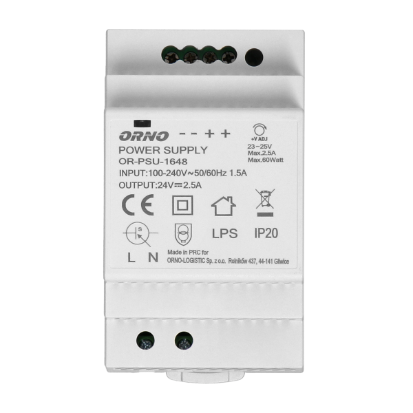 Zasilacz na szynę DIN 24VDC, 2,5A, 60W, szerokość 3 moduły Zasilacz na szynę DIN 24VDC, 2,5A, 60W, szerokość 3 moduły