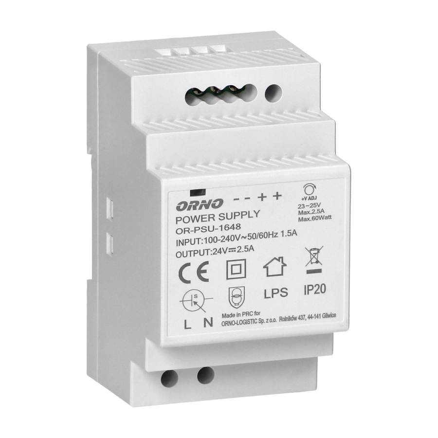Zasilacz na szynę DIN 24VDC, 2,5A, 60W, szerokość 3 moduły