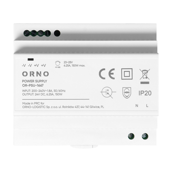 DIN rail power supply 24VDC, 6.25A, 150W, 6 modules