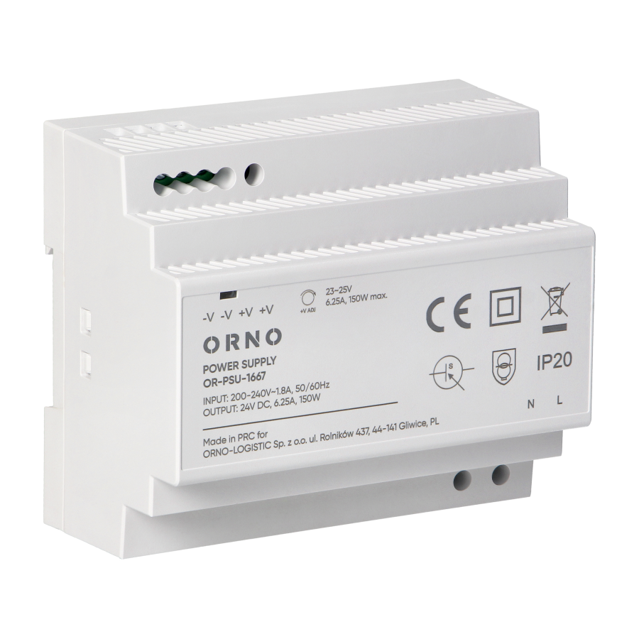 DIN rail power supply 24VDC, 6.25A, 150W, 6 modules