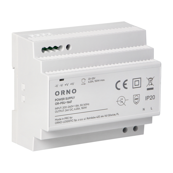 DIN rail power supply 24VDC, 6.25A, 150W, 6 modules