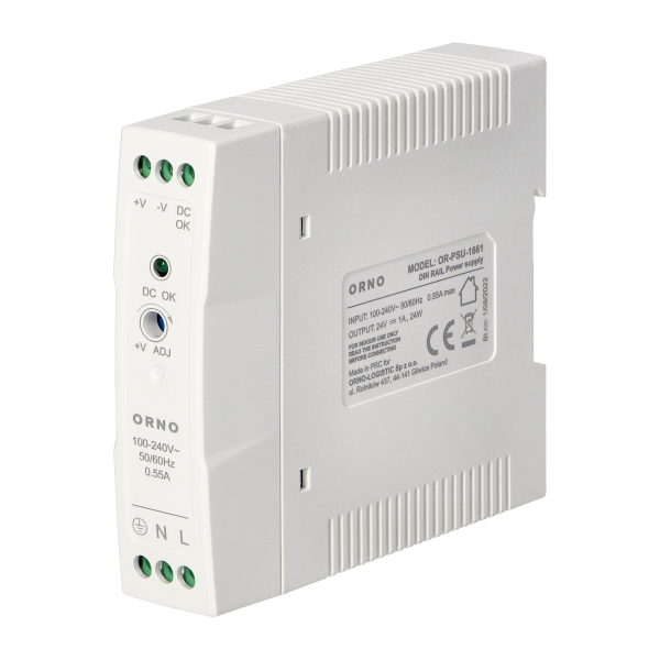 Industrial power supply for a DIN rail, 24VDC, 1A, 20W, plastic housing Industrial power supply for a DIN rail, 24VDC, 1A, 20W, plastic housing
