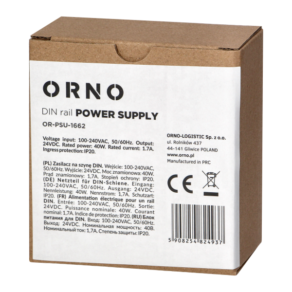 Industrial power supply for a DIN rail, 24VDC, 1.7A, 40W, plastic housing Industrial power supply for a DIN rail, 24VDC, 1.7A, 40W, plastic housing