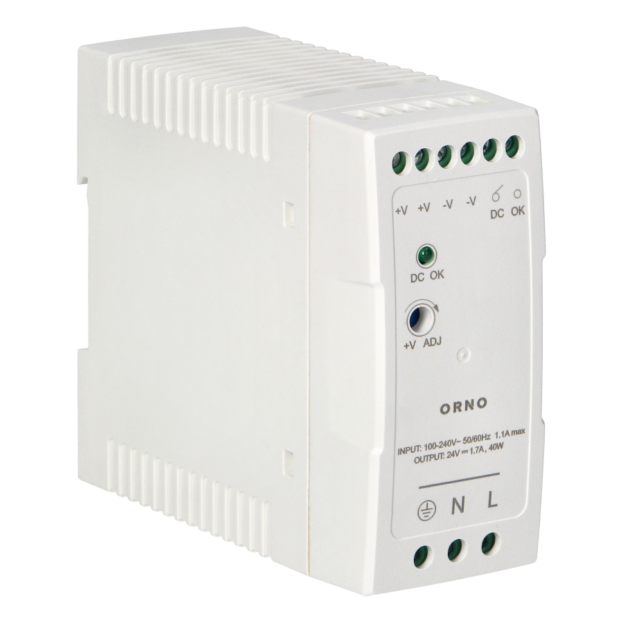 Industrial power supply for a DIN rail, 24VDC, 1.7A, 40W, plastic housing