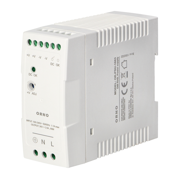 Industrial power supply for a DIN rail, 24VDC, 2.5A, 60W, plastic housing Industrial power supply for a DIN rail, 24VDC, 2.5A, 60W, plastic housing