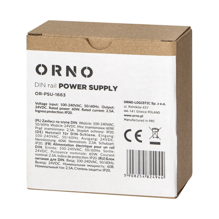 Industrial power supply for a DIN rail, 24VDC, 2.5A, 60W, plastic housing