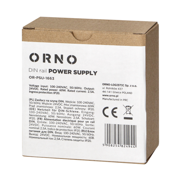 Industrial power supply for a DIN rail, 24VDC, 2.5A, 60W, plastic housing Industrial power supply for a DIN rail, 24VDC, 2.5A, 60W, plastic housing