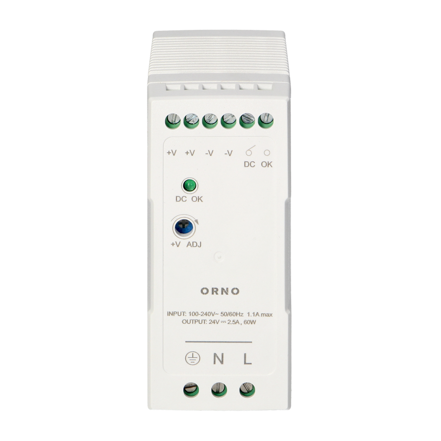 Industrial power supply for a DIN rail, 24VDC, 2.5A, 60W, plastic housing