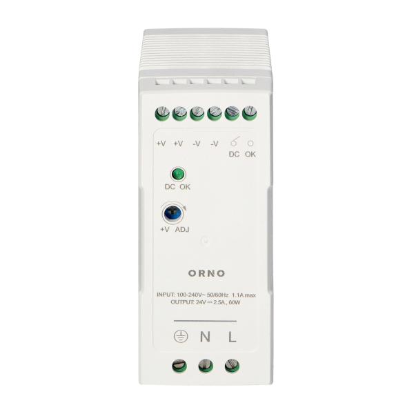 Industrial power supply for a DIN rail, 24VDC, 2.5A, 60W, plastic housing Industrial power supply for a DIN rail, 24VDC, 2.5A, 60W, plastic housing