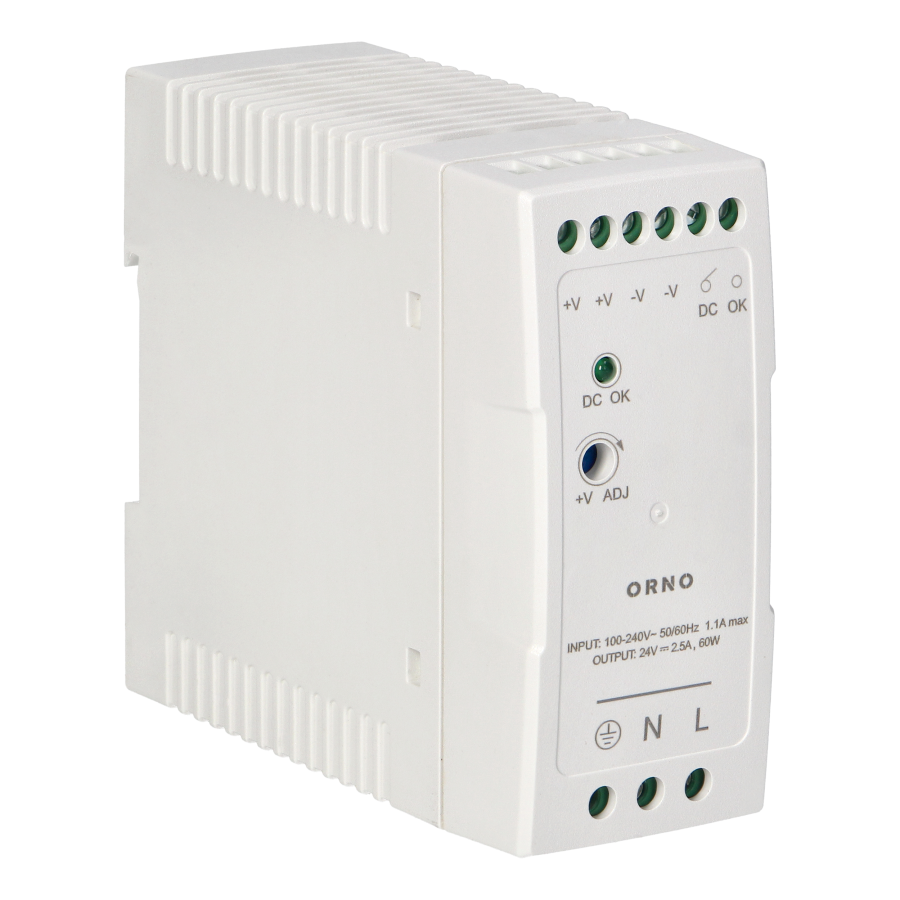 Industrial power supply for a DIN rail, 24VDC, 2.5A, 60W, plastic housing
