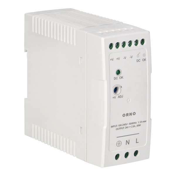 Industrial power supply for a DIN rail, 24VDC, 2.5A, 60W, plastic housing Industrial power supply for a DIN rail, 24VDC, 2.5A, 60W, plastic housing