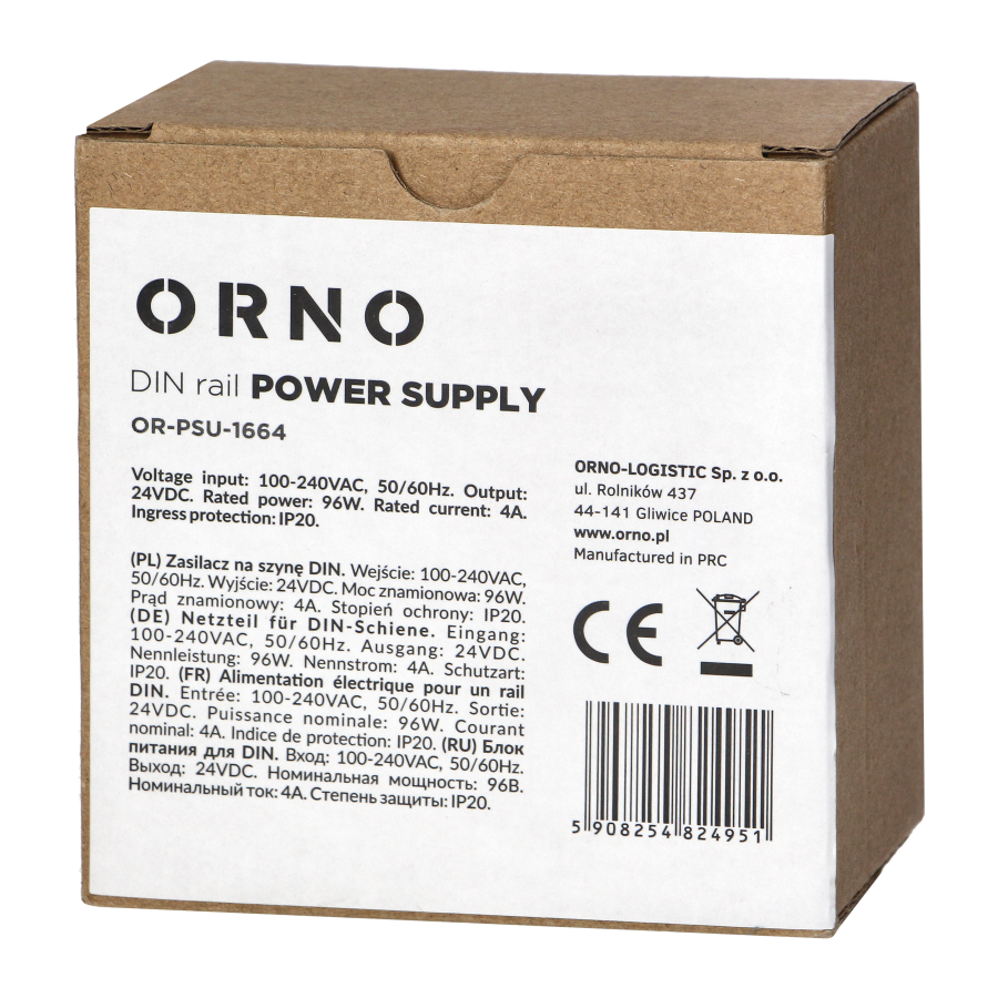 Industrial power supply for a DIN rail, 24VDC, 4A, 96W, plastic housing