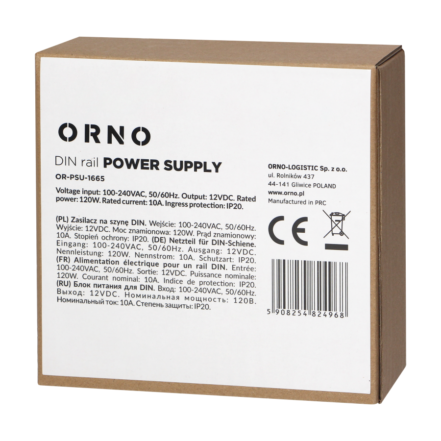 Industrial power supply for a DIN rail, 12VDC, 10A, 120W, plastic housing