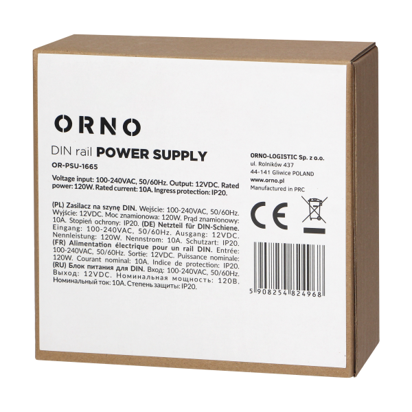 Industrial power supply for a DIN rail, 12VDC, 10A, 120W, plastic housing