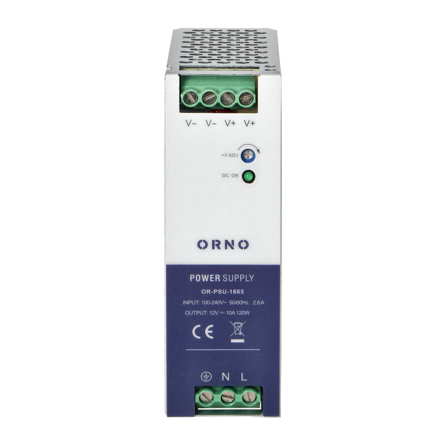 Industrial power supply for a DIN rail, 12VDC, 10A, 120W, plastic housing