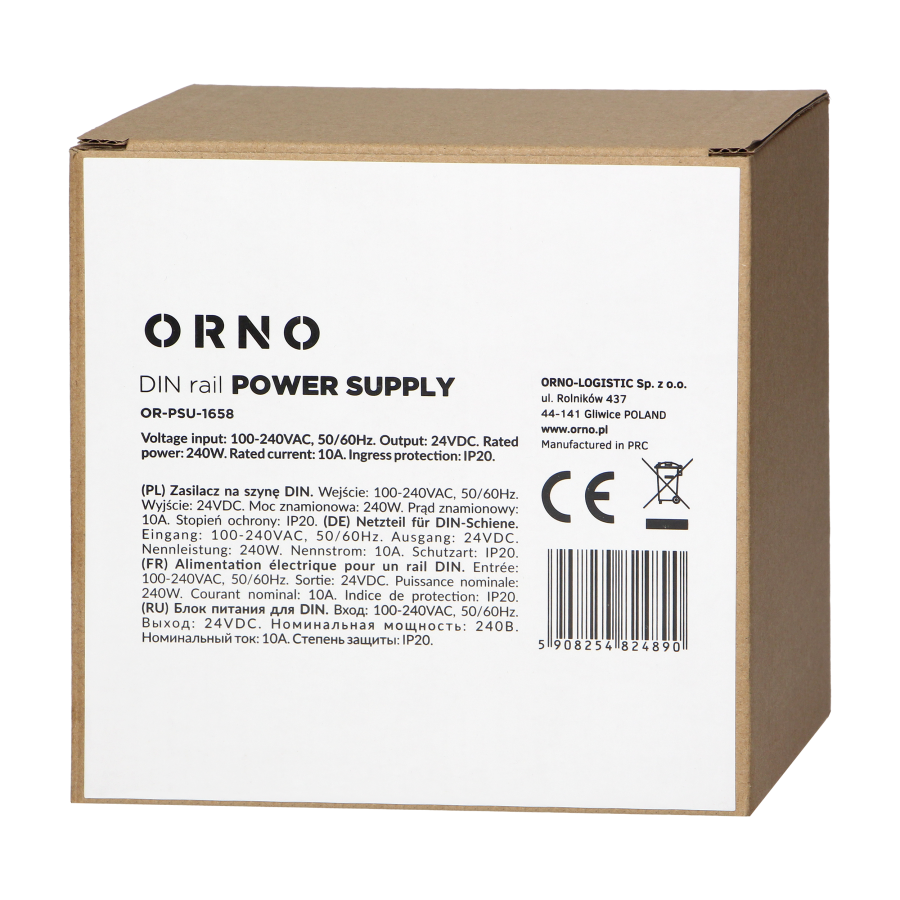 Industrial power supply for a DIN rail, 24VDC, 10A, 240W, metal housing