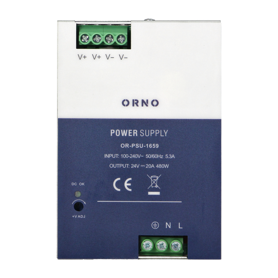 Industrial power supply for a DIN rail, 24VDC, 20A, 480W, metal housing