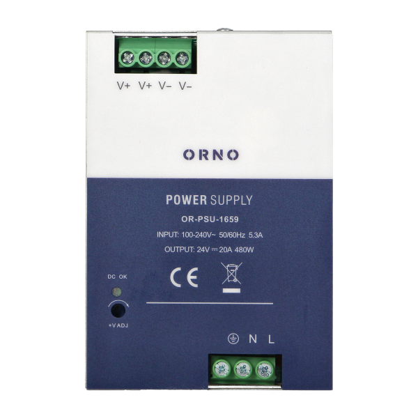 Industrial power supply for a DIN rail, 24VDC, 20A, 480W, metal housing