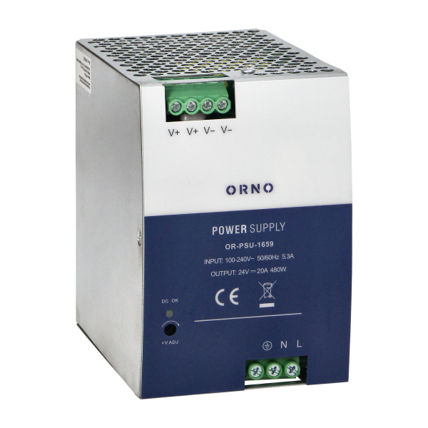 Industrial power supply for a DIN rail, 24VDC, 20A, 480W, metal housing