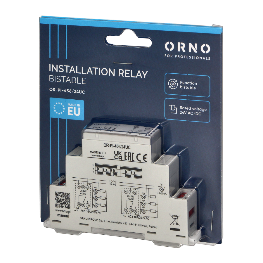 Installation bistable relay, 24 VAC / DC, 16A