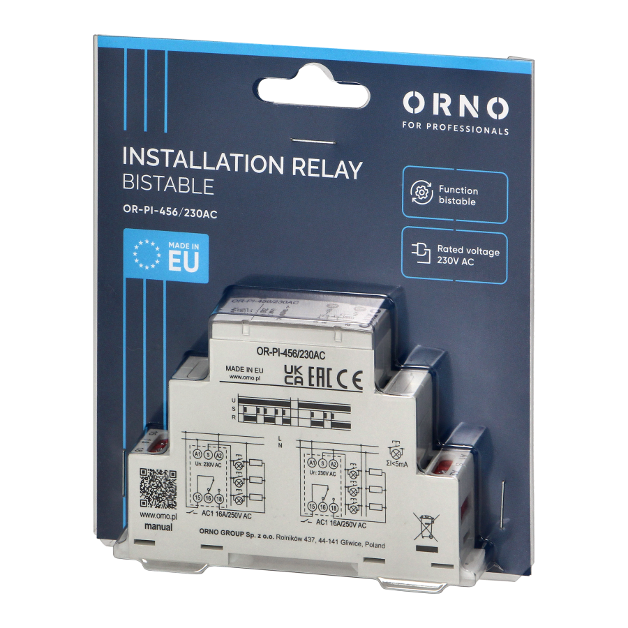 Installation bistable relay, 230 VAC, 16A