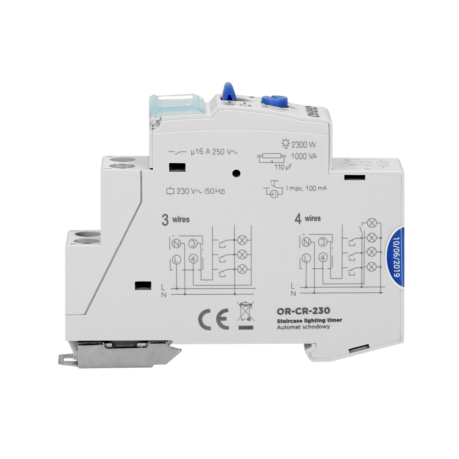 Automat schodowy, instalacja 3 lub 4 żyłowa, 1 moduł, DIN TH-35mm