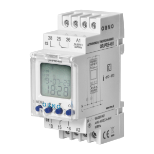 Elektroniczny programator astronomiczny i czasowy, 100 programów, 3 języki menu, 2 wyjścia przekaźnikowe max.16A/230V, szerokość 2 moduły, DIN TH-35mm