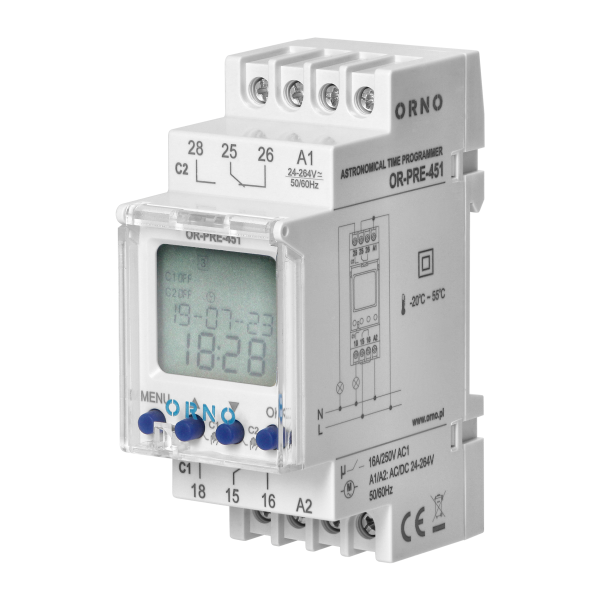 Elektroniczny programator astronomiczny i czasowy, 100 programów, 3 języki menu, 2 wyjścia przekaźnikowe max.16A/230V, szerokość 2 moduły, DIN TH-35mm
