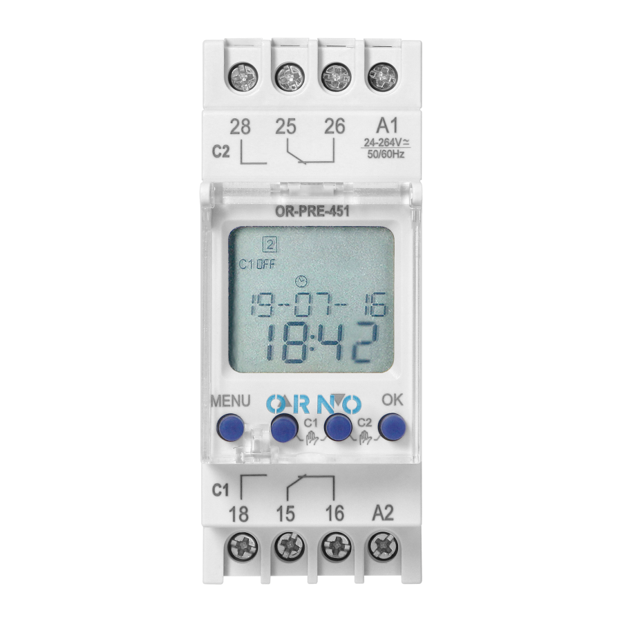 Elektroniczny programator astronomiczny i czasowy, 100 programów, 3 języki menu, 2 wyjścia przekaźnikowe max.16A/230V, szerokość 2 moduły, DIN TH-35mm