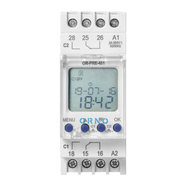 DIN rail digital timer, 100 programmes, 3 menu languages, 2 chanel, max.16A/230V, 2 modules wide