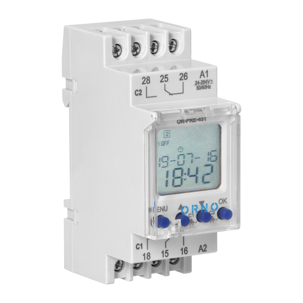 Elektroniczny programator astronomiczny i czasowy, 100 programów, 3 języki menu, 2 wyjścia przekaźnikowe max.16A/230V, szerokość 2 moduły, DIN TH-35mm