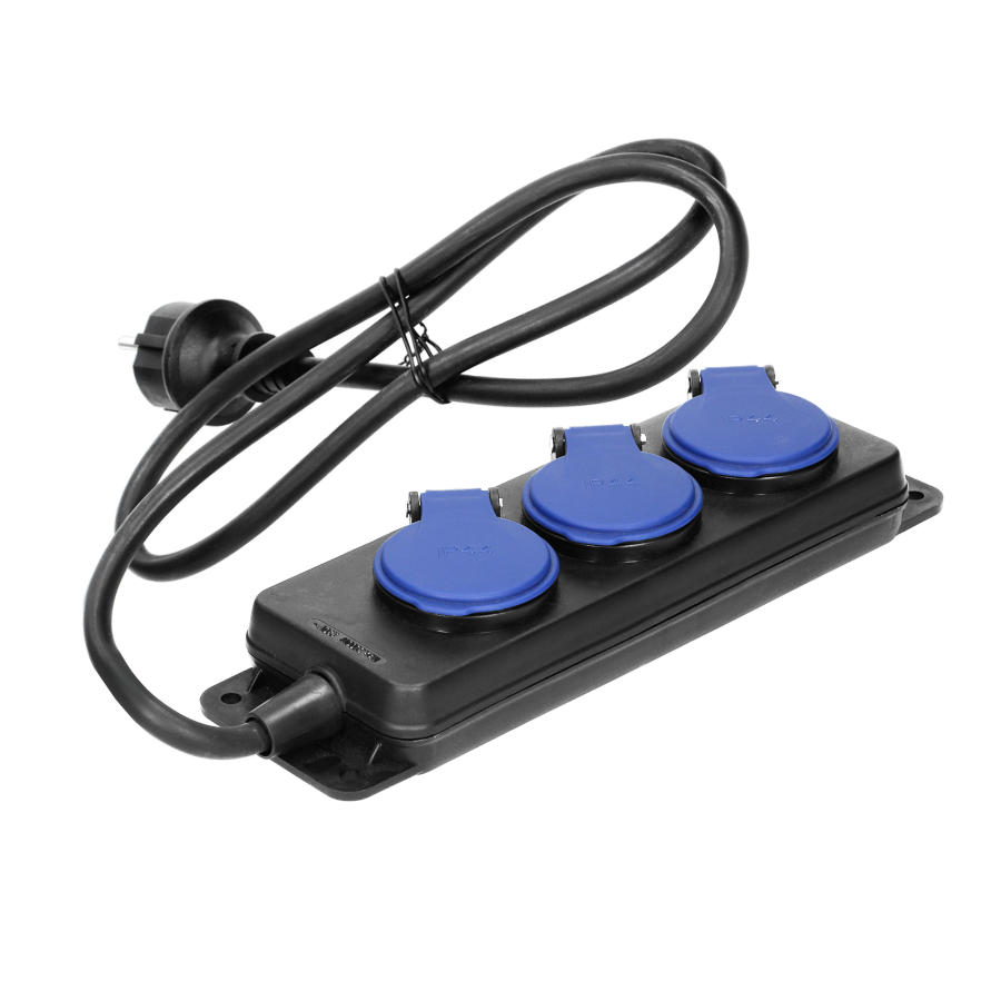 Heavy-duty, splash-proof extension sockets (3 x 2P+E), IP44, rubber cord, H05RR-F 3x1.5mm² - 5m,