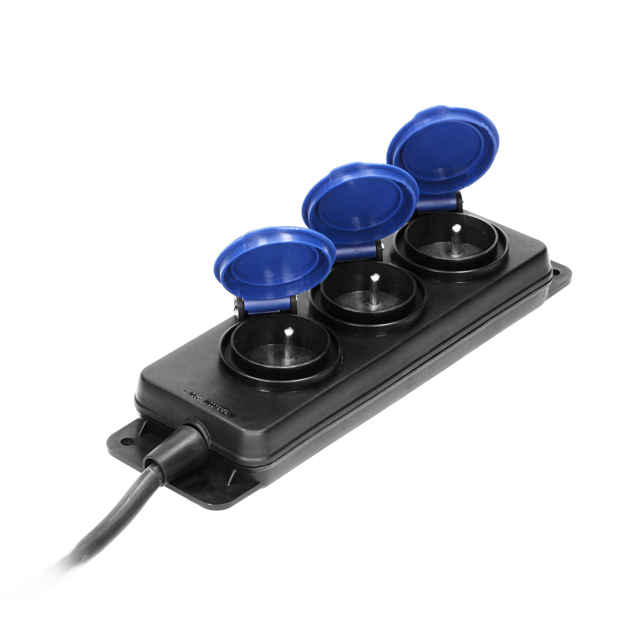 Heavy-duty, splash-proof extension sockets (3 x 2P+E), IP44, rubber cord, H05RR-F 3x1.5mm² - 5m,
