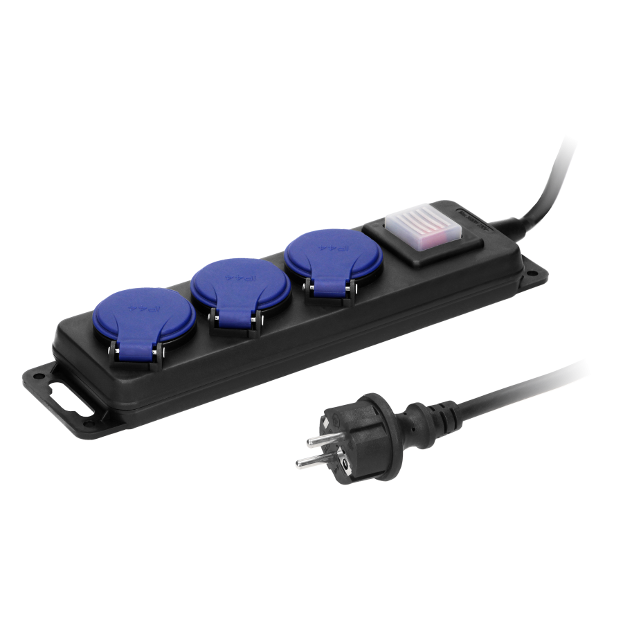 Heavy-duty, splash-proof extension sockets, with central switch and rubber cord, 3 sockets 2P+E, IP44, H05RR-F 3x1.5mm² - 5m,
