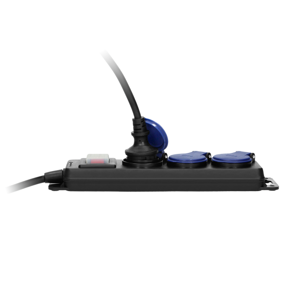 Heavy-duty, splash-proof extension sockets, with central switch and rubber cord, 3 sockets 2P+E, IP44, H05RR-F 3x1.5mm² - 5m,