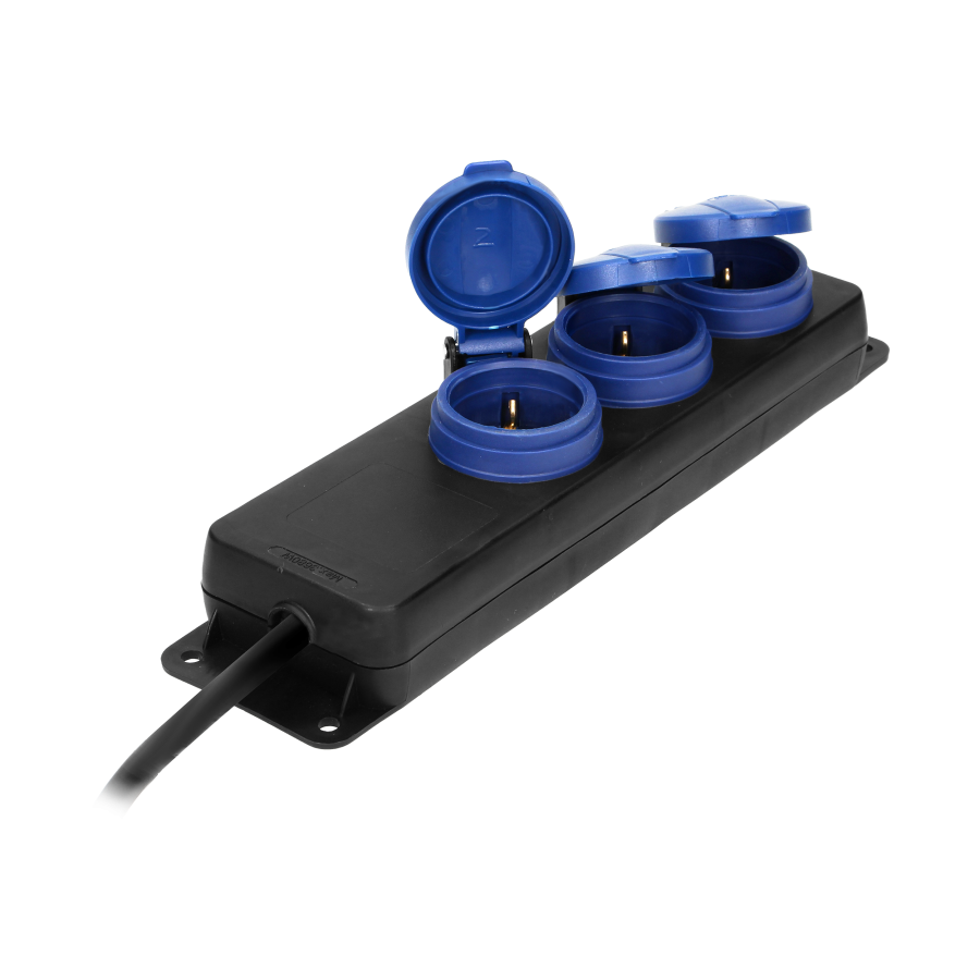 Heavy-duty, splash-proof extension sockets, rubber cord, IP44, H05RR-F 3x1.5mm² - 3m, 3x2P+E (schuko)