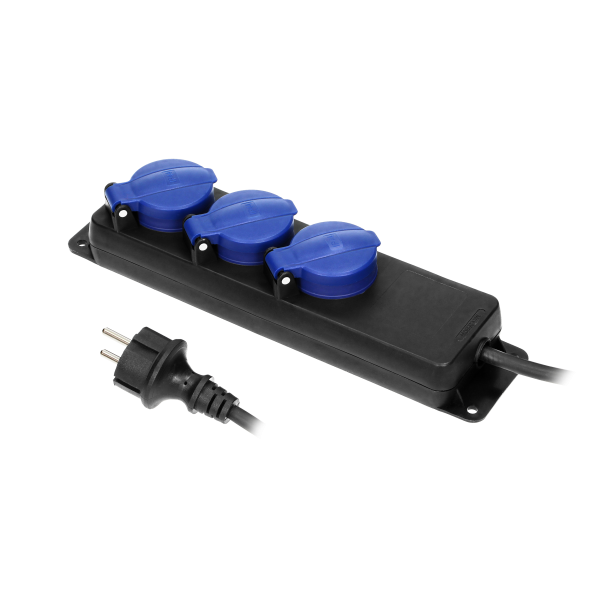 Przedłużacz warsztatowy bryzgoszczelny IP44, 3 gniazda 2P+Z IP44, przewód gumowy, H05RR-F 3x1,5mm², długość 5m Przedłużacz warsztatowy bryzgoszczelny IP44, 3 gniazda 2P+Z IP44, przewód gumowy, H05RR-F 3x1,5mm², długość 5m