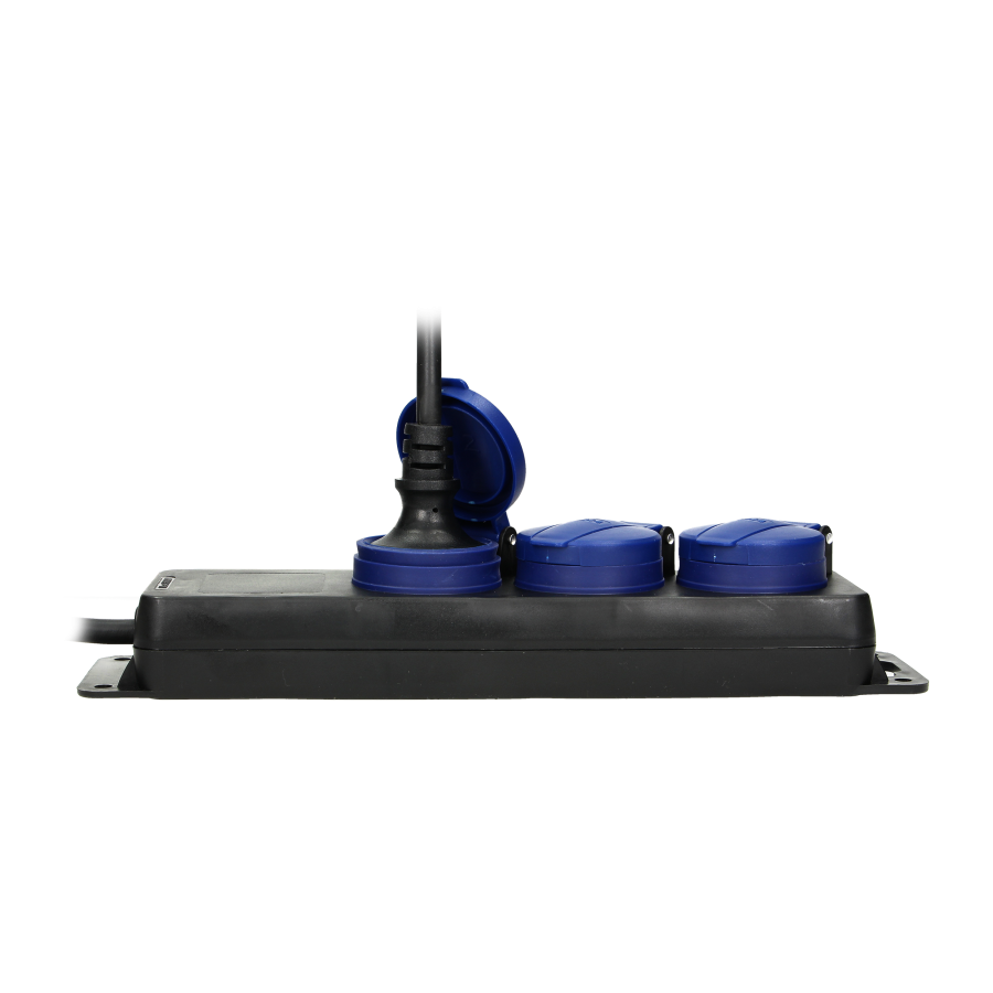 Heavy-duty, splash-proof extension sockets (3 x 2P+E Schuko), IP44, rubber cord, H05RR-F 3x1.5mm² - 5m,